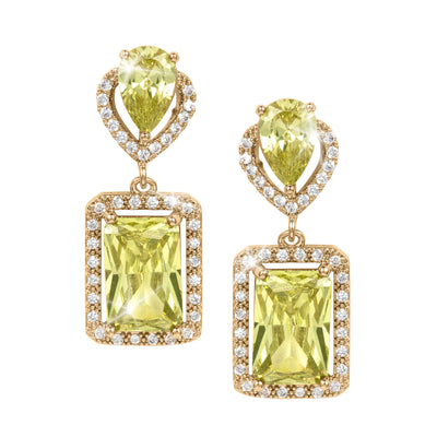 Pair of gold tone drop earrings with faceted lime green gemstones framed by sparkling clear stones in rectangular and teardrop settings
