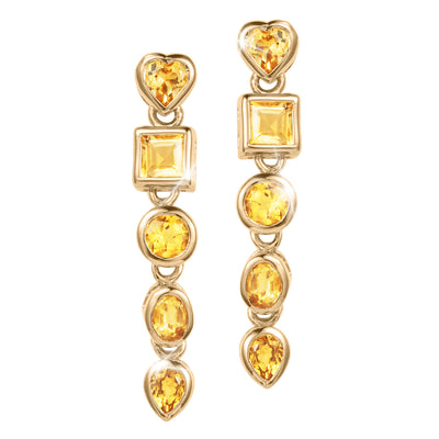 Citrine Symphony Earrings featuring dangling gold tone settings with heart square round and pear shaped citrine gemstones Up To 75% Off Retail