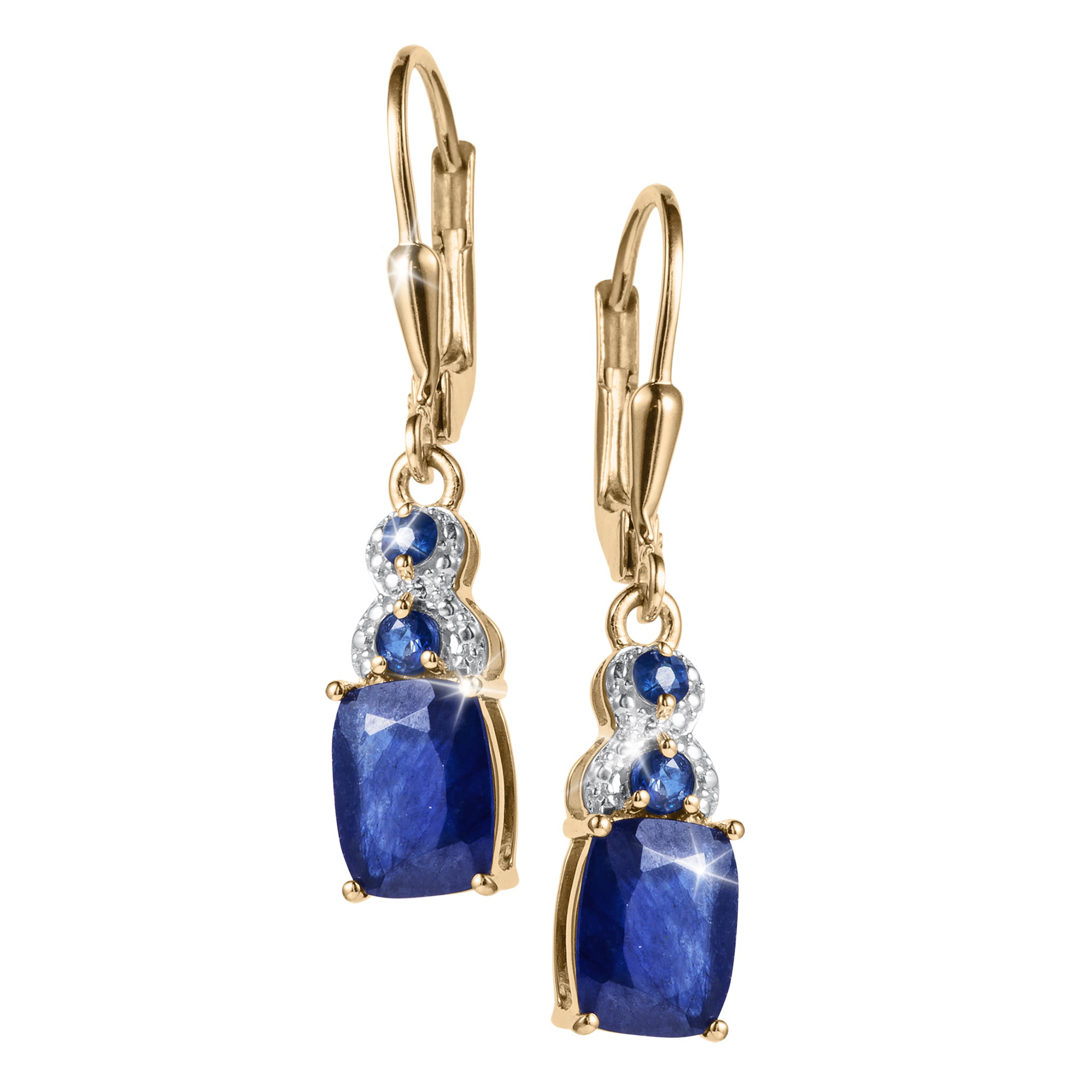 Elara Sapphire Earrings featuring deep blue sapphire drops with sparkling accents and elegant gold toned hooks on a white background