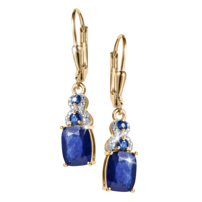 Elara Sapphire Earrings featuring deep blue sapphire drops with sparkling accents and elegant gold toned hooks on a white background