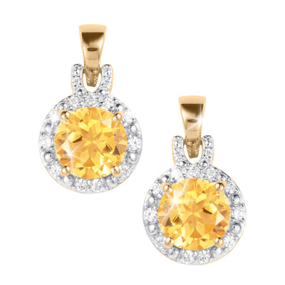 Golden Glow Citrine Earrings with round faceted citrine gemstones in sparkling halos and polished gold settings shown as a matching jewelry pair