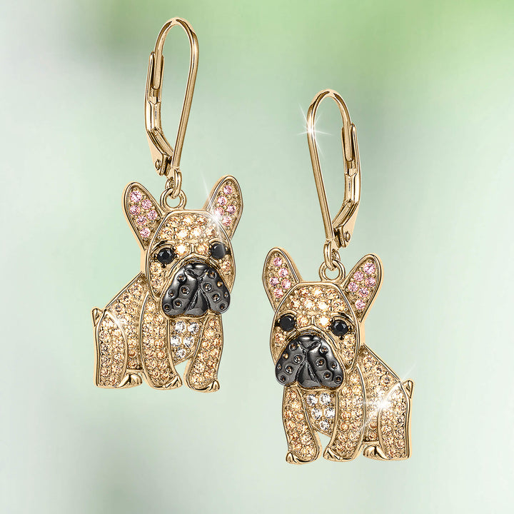Forever Frenchie Collection featuring sparkling gold tone French bulldog drop earrings with jeweled details and up to 75% off retail
