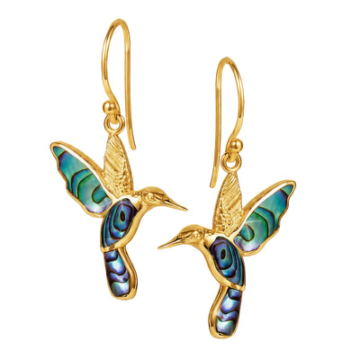 Golden Abalone Hummingbird Collection featuring ornate gold hummingbird earrings with vivid blue green abalone inlays and elegant hanging hooks Up To 75% Off Retail