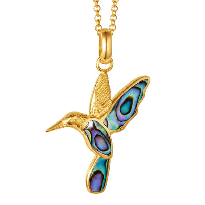 Golden Abalone Hummingbird Pendant featuring gold-tone finish with vibrant abalone shell inlays, suspended from a delicate gold chain necklace, jewelry collectible.