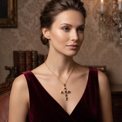 A woman wearing a velvet burgundy dress and a crimson red gemstone necklace in the shape of a cross, showcasing the Crimson Covenant Garnet Cross pendant.