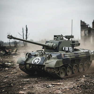 Model tank on a barren landscape with a destroyed building in the background. M18 Hellcat Tank Destroyer Model