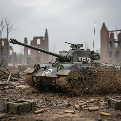 Model tank in a post-apocalyptic setting with ruins in the background. M18 Hellcat Tank Destroyer Model