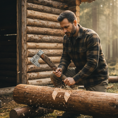 man cutting wood with Daniel Steiger Viking Fury Axe