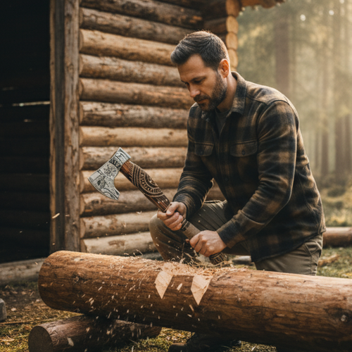man cutting wood with Daniel Steiger Viking Fury Axe