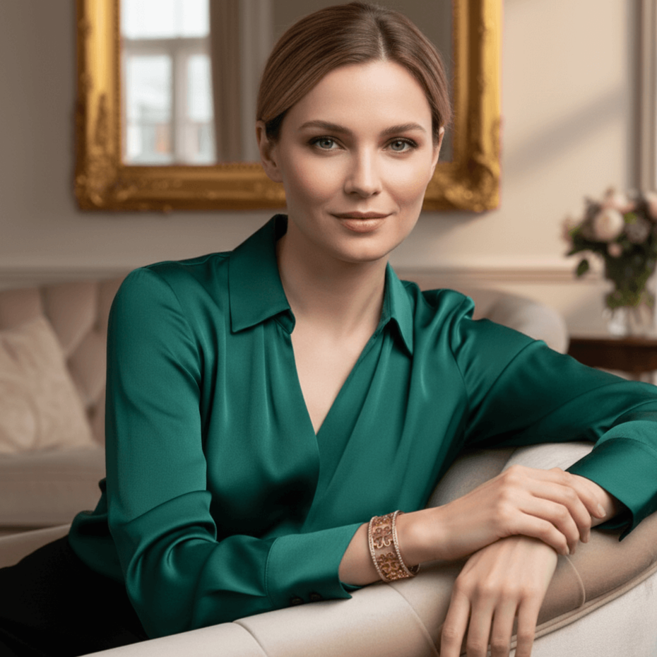 Woman in a green blouse sitting on a couch in a stylish room. She is wearing a rose gold bangle