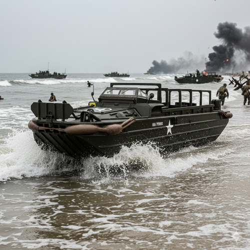 Military amphibious vehicle entering the water with a beach and other vehicles in the background. GMC DUKW