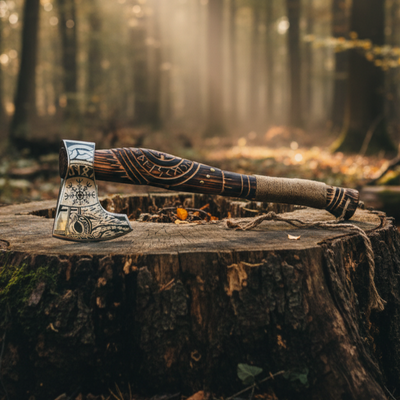 Daniel Steiger Viking Fury Axe laid on treestump
