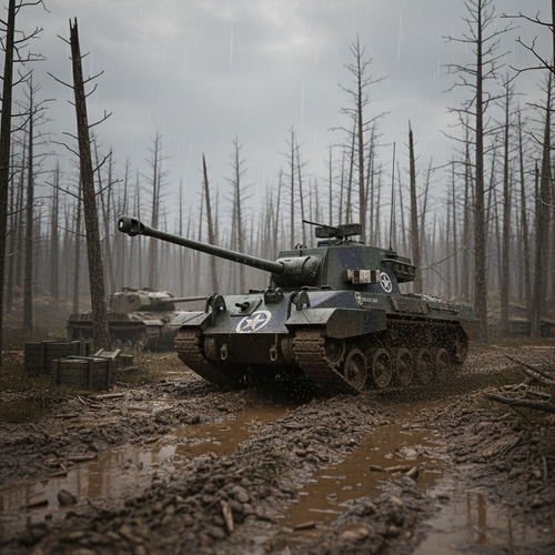 Tank in a muddy forest with a gloomy sky. M18 Hellcat Tank Destroyer Model