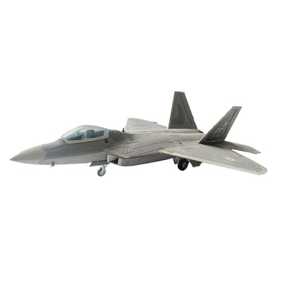 F-22A Raptor fighter jet model shown in side view with landing gear lowered and twin tail fins against a clean white background