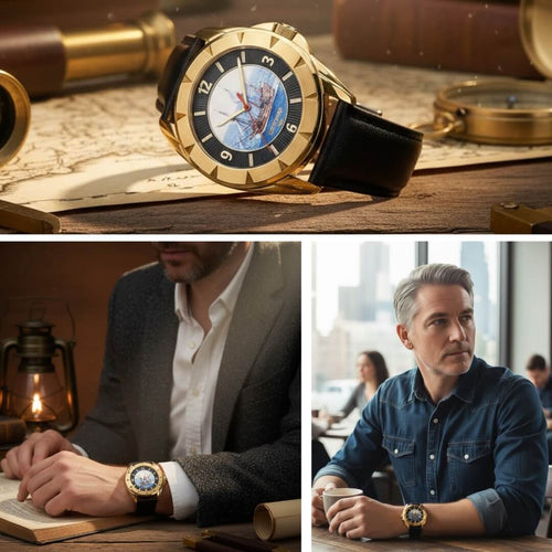 Gold watch with black strap on a wooden surface, surrounded by books and a lantern. Mayflower Leather Men&
