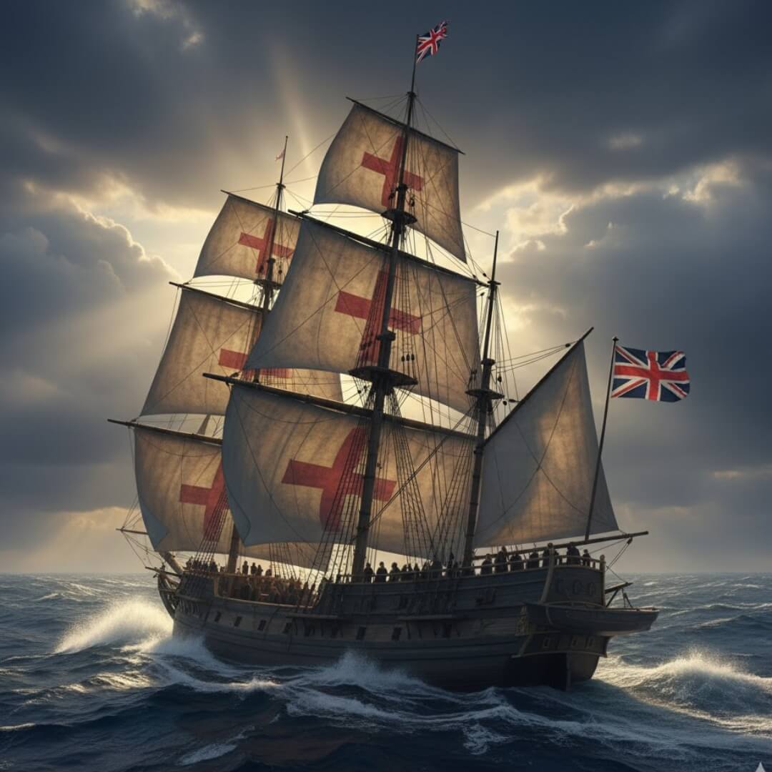 Historical sailing ship with British flags on a stormy sea. The Mayflower