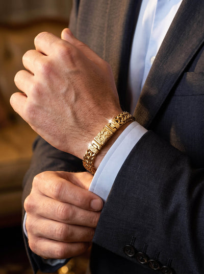Byzantium Weave Bracelet in gold tone worn with a tailored suit and white shirt Up To 75% Off Retail