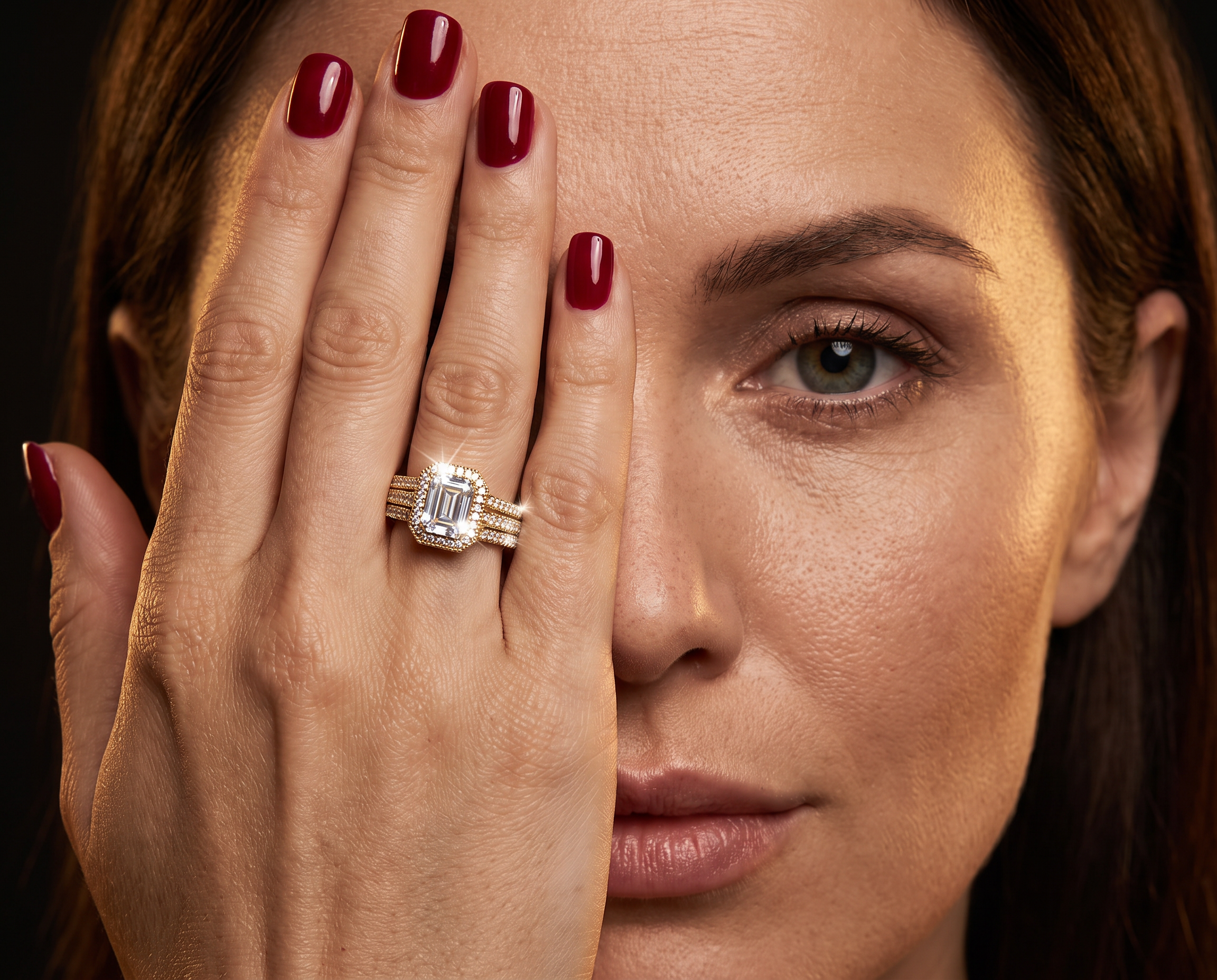 Enchanting Bridal Set Ring featuring a square center stone and sparkling side stones shown on a hand with polished burgundy nails Up To 75% Off Retail