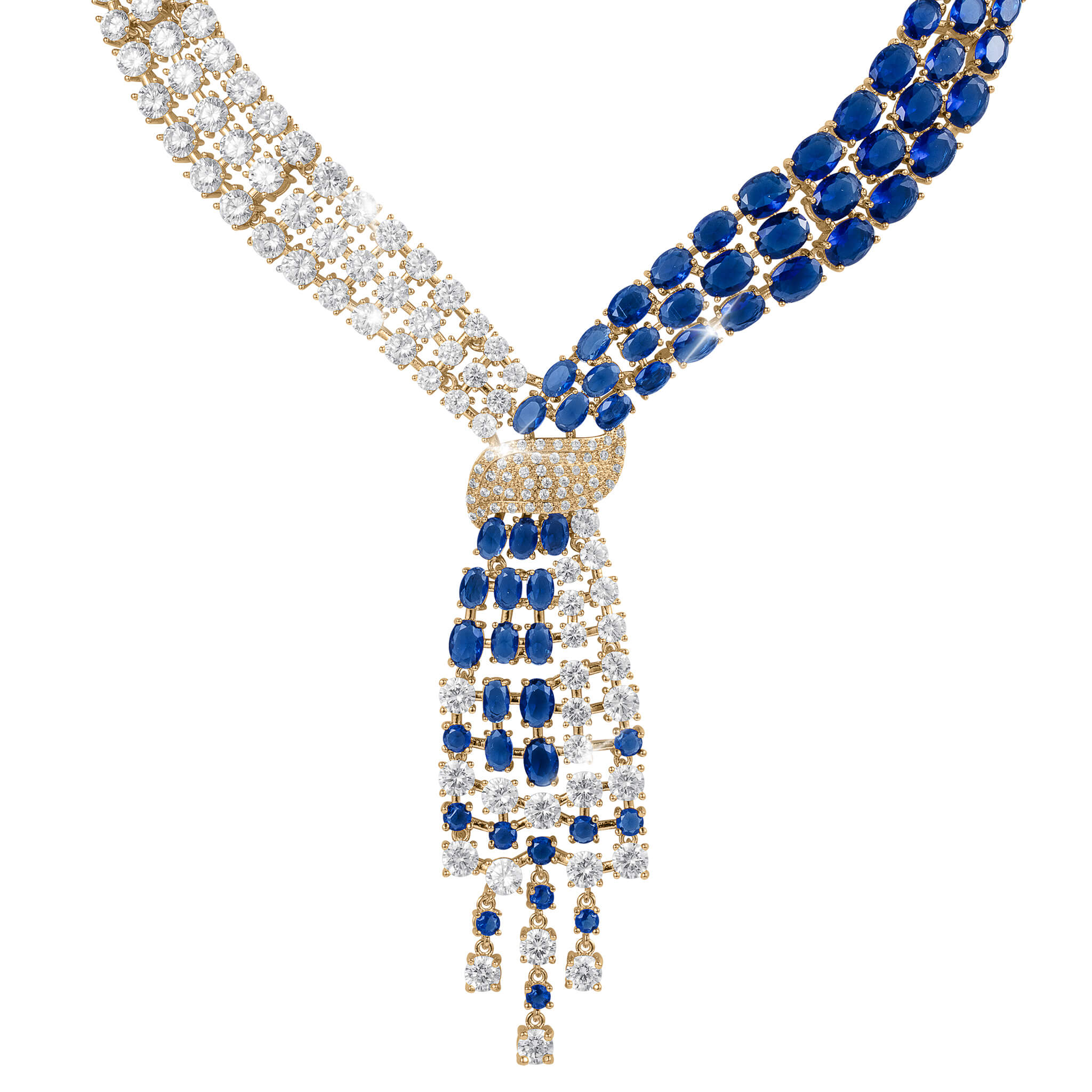 Royal Tide Necklace featuring an intricate design with alternating rows of sparkling clear and deep blue gemstones set in gold, creating an elegant and luxurious look.