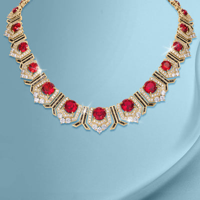 Scarlet Heirloom Necklace featuring bold red gemstones set in an intricate gold design accented with sparkling clear crystals, offering timeless elegance Up To 75% Off Retail.