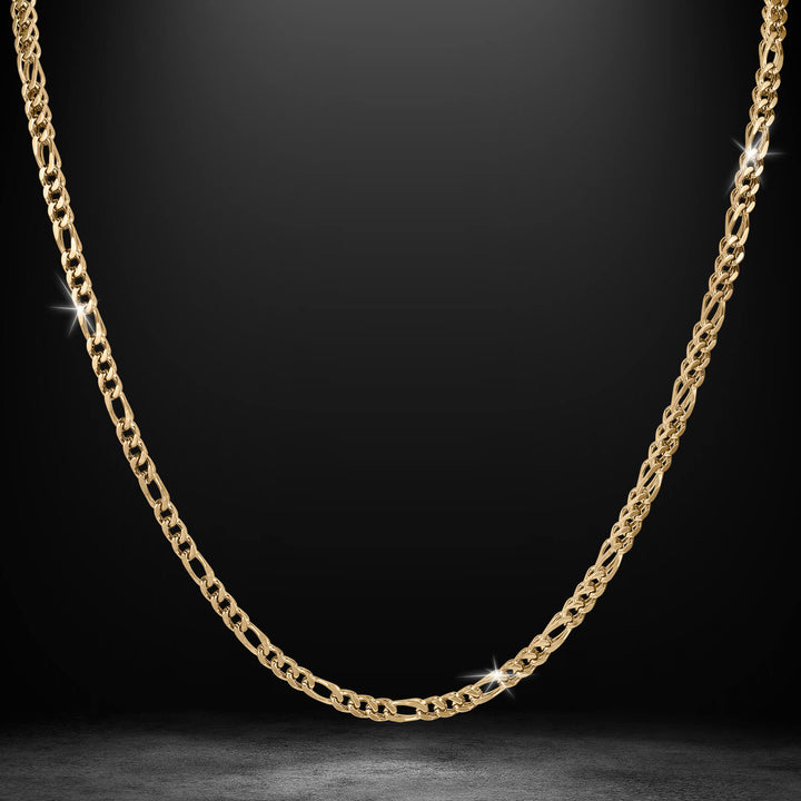 Gold toned chain necklace with an intricate woven link design displayed against a black background with subtle highlights along the links