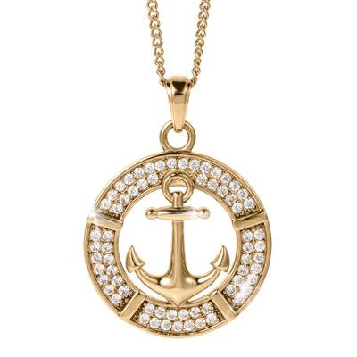 Mariner Pendant gold anchor necklace featuring a polished nautical anchor and sparkling crystal accents in a circular setting Up To 75% Off Retail
