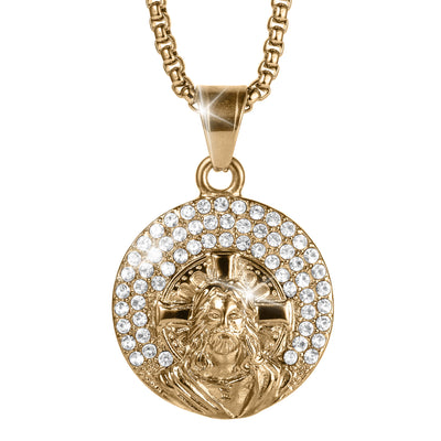 Faith And Promise Pendant featuring a gold tone Jesus medallion with sparkling crystal accents and a detailed link chain necklace