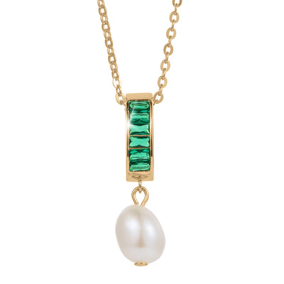 Pearl Radiance Pendant featuring a gold chain with rectangular green gemstones and a single dangling white pearl, showcasing elegant and timeless jewelry design.