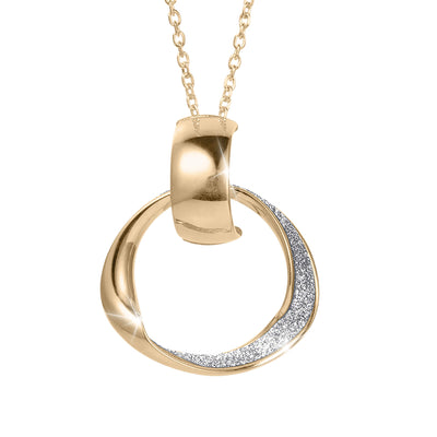 Gold necklace with a circular pendant featuring a polished curved gold section and a sparkling row of clear stones along one side