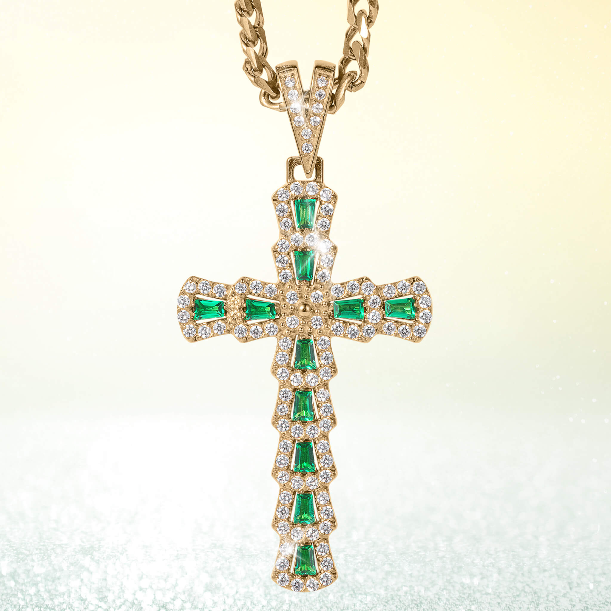 Serafina Cross Pendant featuring green gemstones and sparkling crystals set in gold-tone metal, showcased on a matching chain, Up To 75% Off Retail.