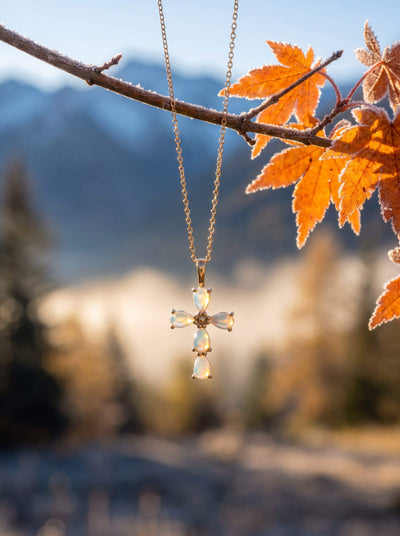 Ayana Opal Cross Pendant hanging from a delicate chain against autumn leaves and a softly blurred mountain landscape Up To 75% Off Retail