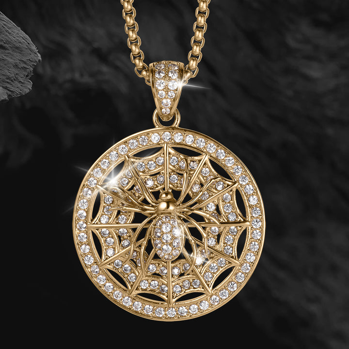 The Webmaster Pendant gold spider web necklace with a jeweled spider and sparkling crystal details on a chain Up To 75% Off Retail