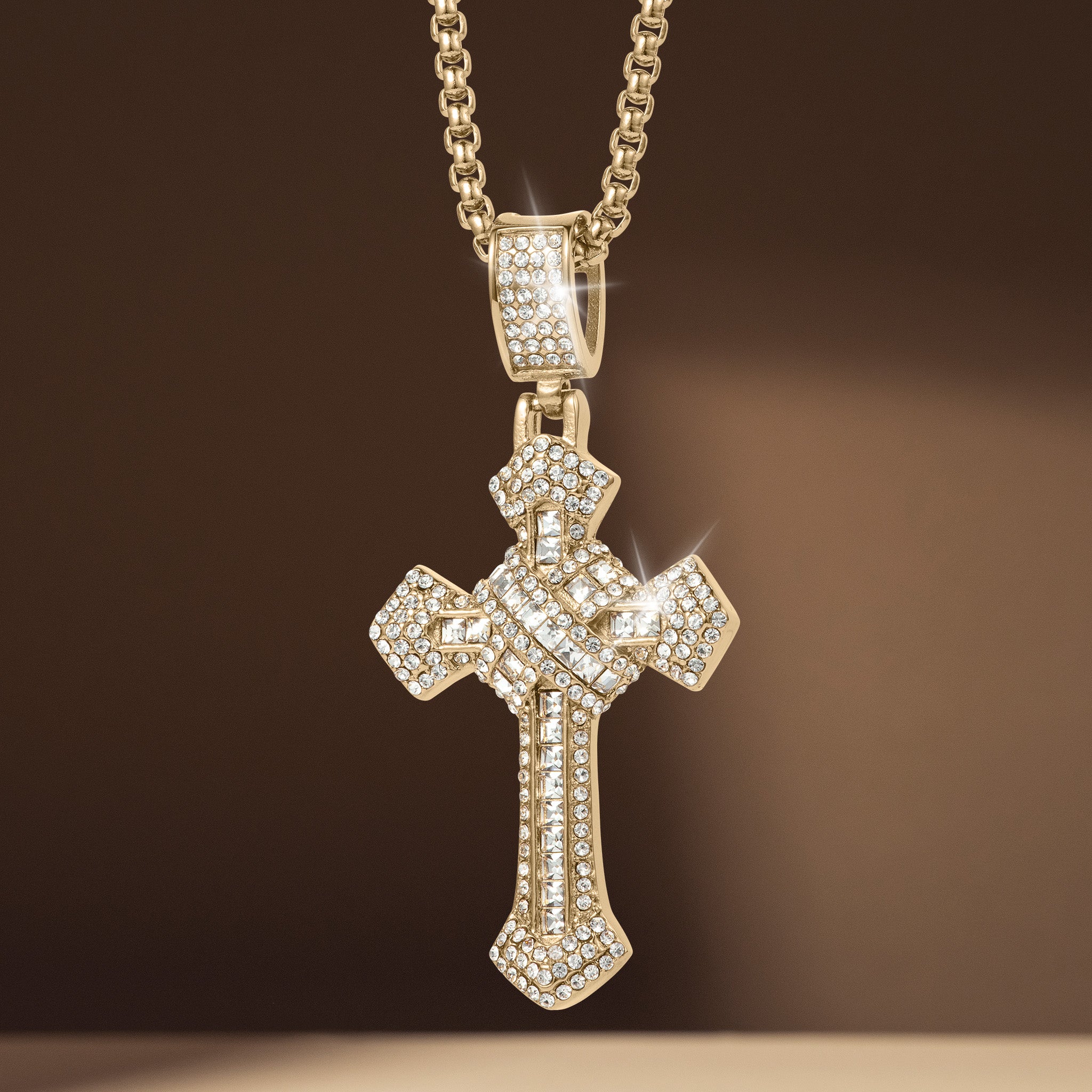 Redemption Pendant featuring a sparkling gold tone cross design covered in clear stones on a chain Up To 75% Off Retail