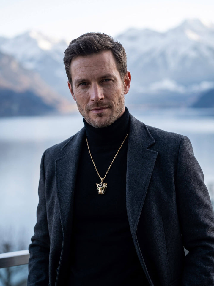 La Panthère Mens Pendant worn by a man in a black turtleneck and blazer against a serene mountain lake landscape Up To 75% Off Retail