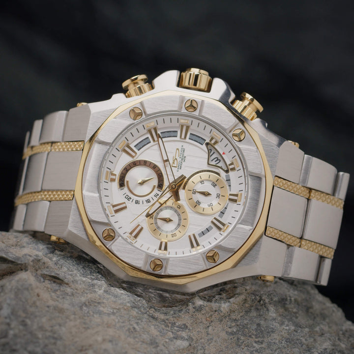 Phantom Two-Tone Men's Watch with a stainless steel two-tone bracelet, silver dial, and gold-tone accents, featuring multiple subdials and a date display.