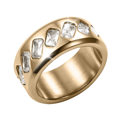 Tessera Men's Ring with a gold tone polished band and rows of rectangular clear stone accents