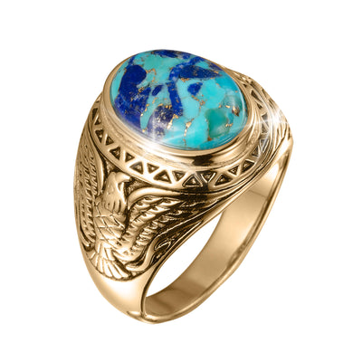 Wings Of Freedom Ring featuring a polished gold band with intricate eagle wing engravings and a large oval turquoise stone with blue and green marbling.