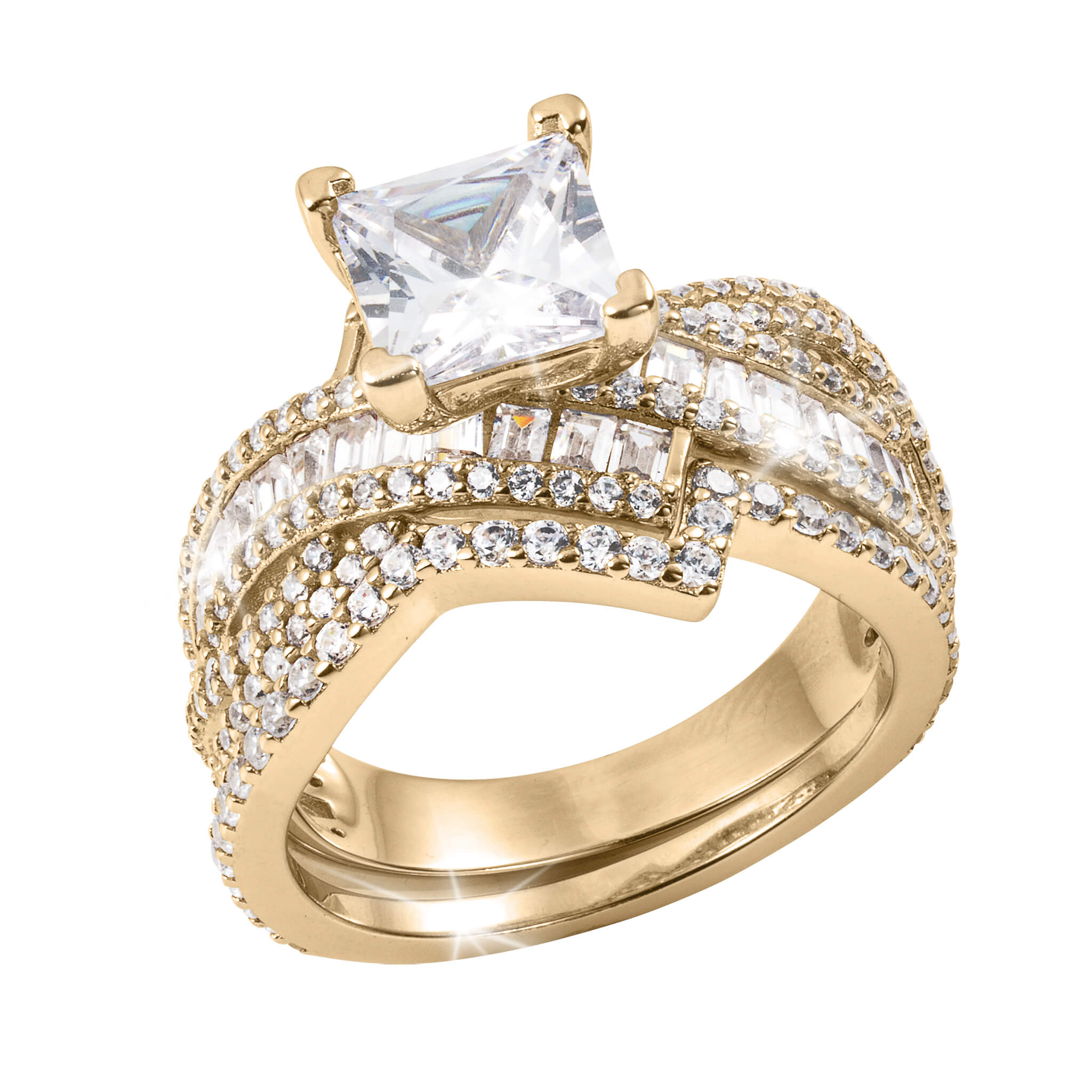 Amore Lumiere Bridal Ring featuring a large square-cut center stone surrounded by gold plating and intricate pavé and baguette-style accents, up to 75% off retail.