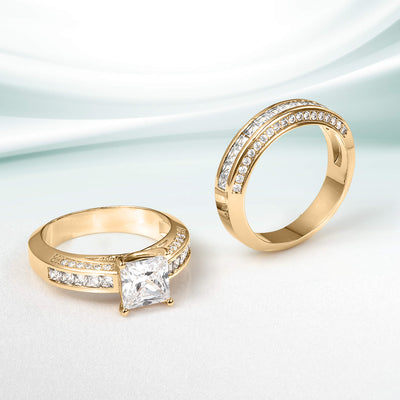 Juliet Bridal Ring featuring a gold solitaire band with a princess cut diamond and matching curved diamond wedding band jewelry set