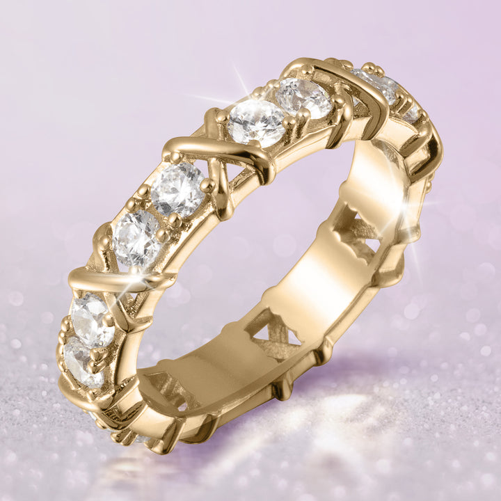 Golden Kiss Ladies Ring gold band with sparkling clear gemstones and ornate detailing elegant jewelry Up To 75% Off Retail