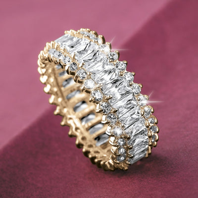 Endless Eternity Ring featuring sterling silver with gold plating, adorned with rectangular and round clear stones, designed for women’s jewelry collections.