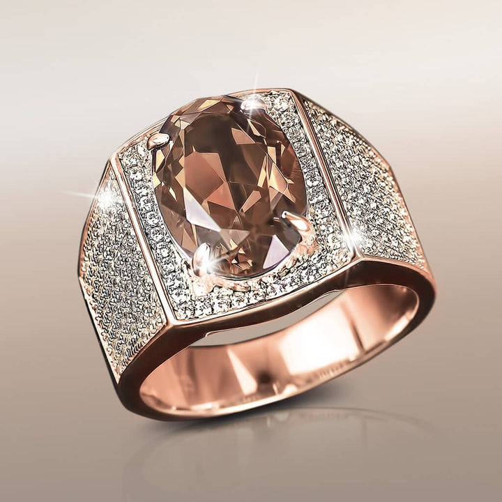 Notorious Cognac Men's Ring featuring a large cognac-colored gemstone set in sterling silver with rose gold plating and encrusted with sparkling crystals, designed for men.