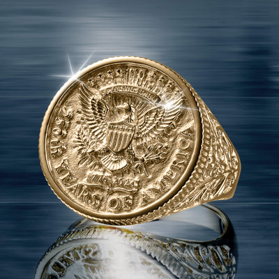 Close-up of a detailed gold ring from the American Glory Collection featuring an embossed eagle emblem and "250 Years of America" inscription, showcasing fine craftsmanship and elegance.