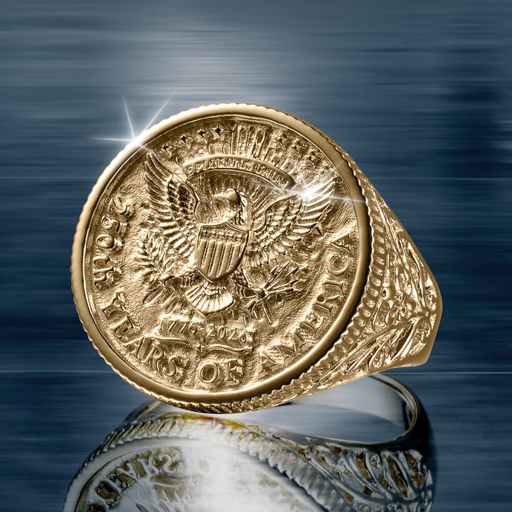 Close-up of a detailed gold ring from the American Glory Collection featuring an embossed eagle emblem and "250 Years of America" inscription, showcasing fine craftsmanship and elegance.