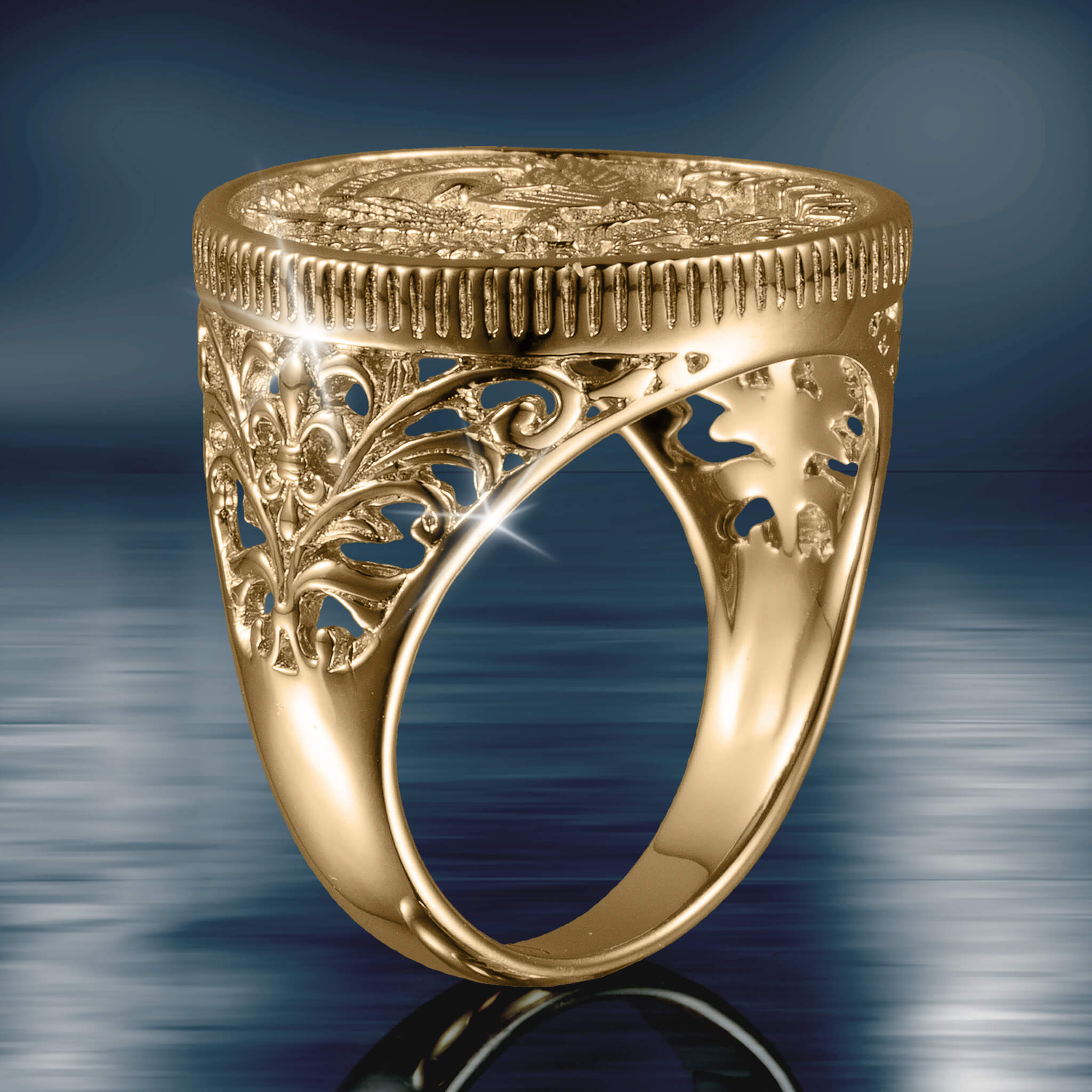 American Glory Ring featuring intricate gold filigree design with a detailed top surface, reflecting elegance and craftsmanship in fine jewelry.