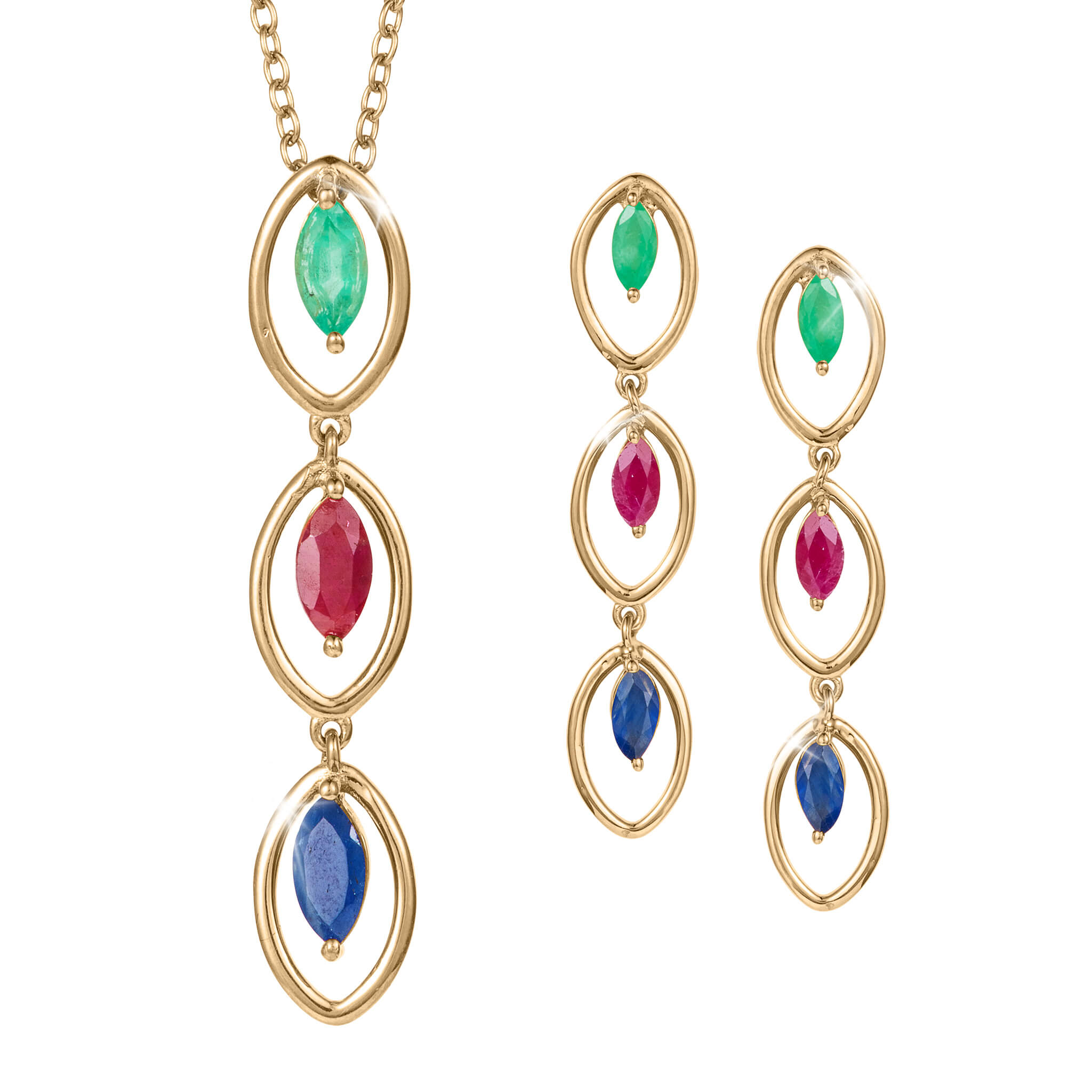 Trinity Royale Collection sterling silver gold-plated necklace and matching earrings set featuring green, red, and blue gemstones, designed for women. Up To 75% Off Retail.