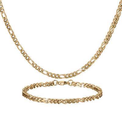 Gold chain necklace and matching bracelet featuring interwoven links displayed on a clean white background as coordinated jewelry pieces