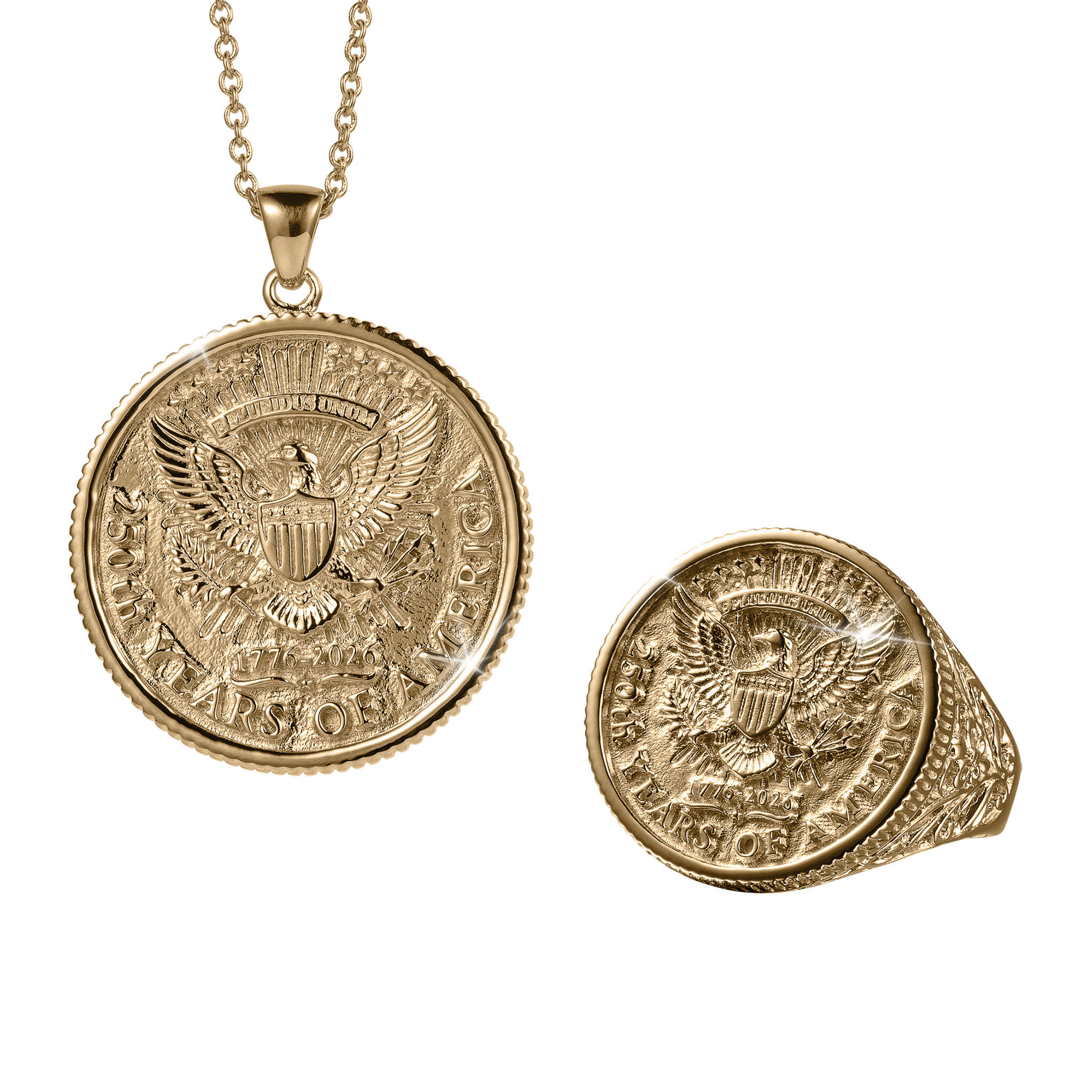Gold-tone necklace pendant and matching ring set featuring a detailed eagle crest design, styled from the American Glory Collection jewelry line.