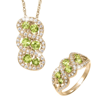 Elegant gold ring and necklace set featuring vibrant green peridot stones surrounded by sparkling accents from the Elysian Peridot Collection, available Up To 75% Off Retail.