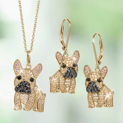 Forever Frenchie Collection gold tone French bulldog pendant necklace and matching drop earrings with crystal pavé details Up To 75% Off Retail